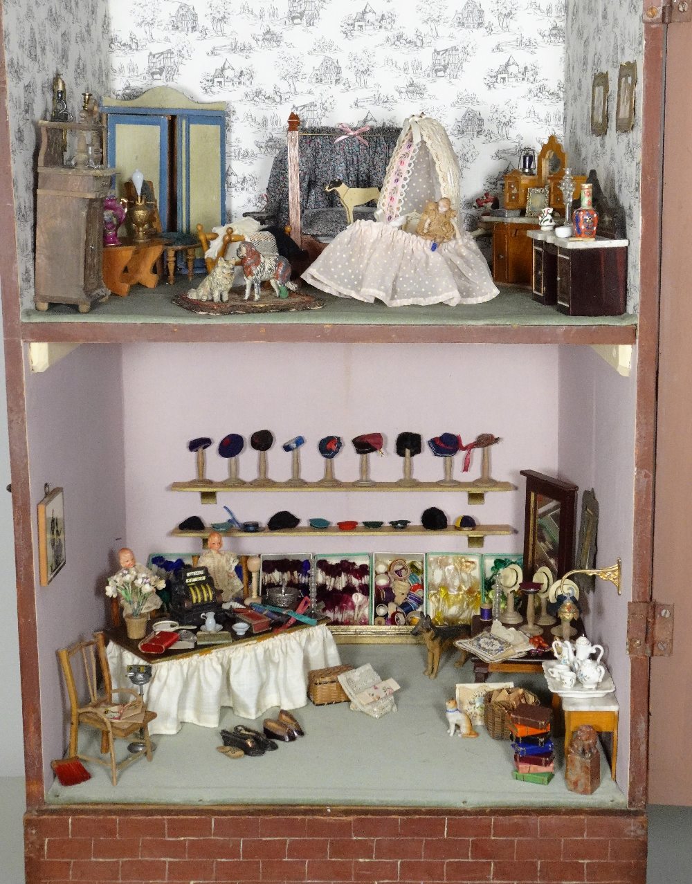 A wooden painted Victorian Dolls House and Milliners Shop, - Image 2 of 7