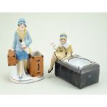 Glazed china Flapper vesta holder and cigarette holder/ashtray figurines, 1920s,