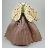 An 1860s-70s style cream and brown silk French fashion dolls dress,