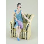 Glazed china seated Deco Lady dressing table box, 1920s,