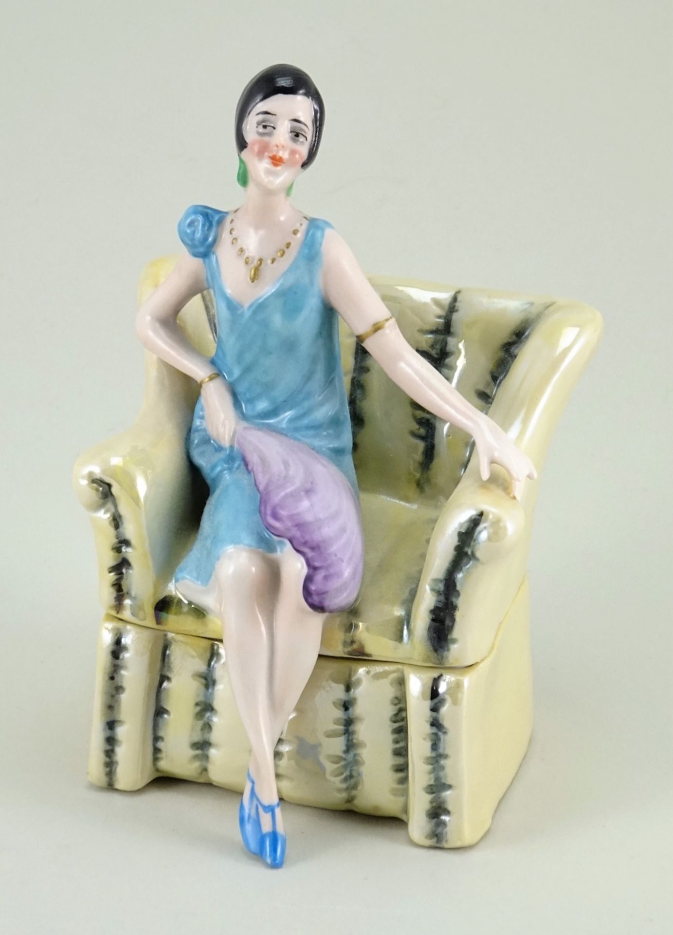 Glazed china seated Deco Lady dressing table box, 1920s,