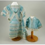A good 1860s style blue silk French fashion dolls dress with jacket and shawl,