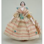 Rare small glazed china shoulder head doll with wooden body, German circa 1840,