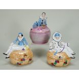 Glazed china Pierrot and Pierrette dressing table boxes, 1920s,