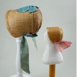 Two early woven straw poke doll bonnets, English 1840s,
