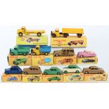 Eleven repainted Dinky trucks and cars