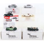 Six white metal model cars