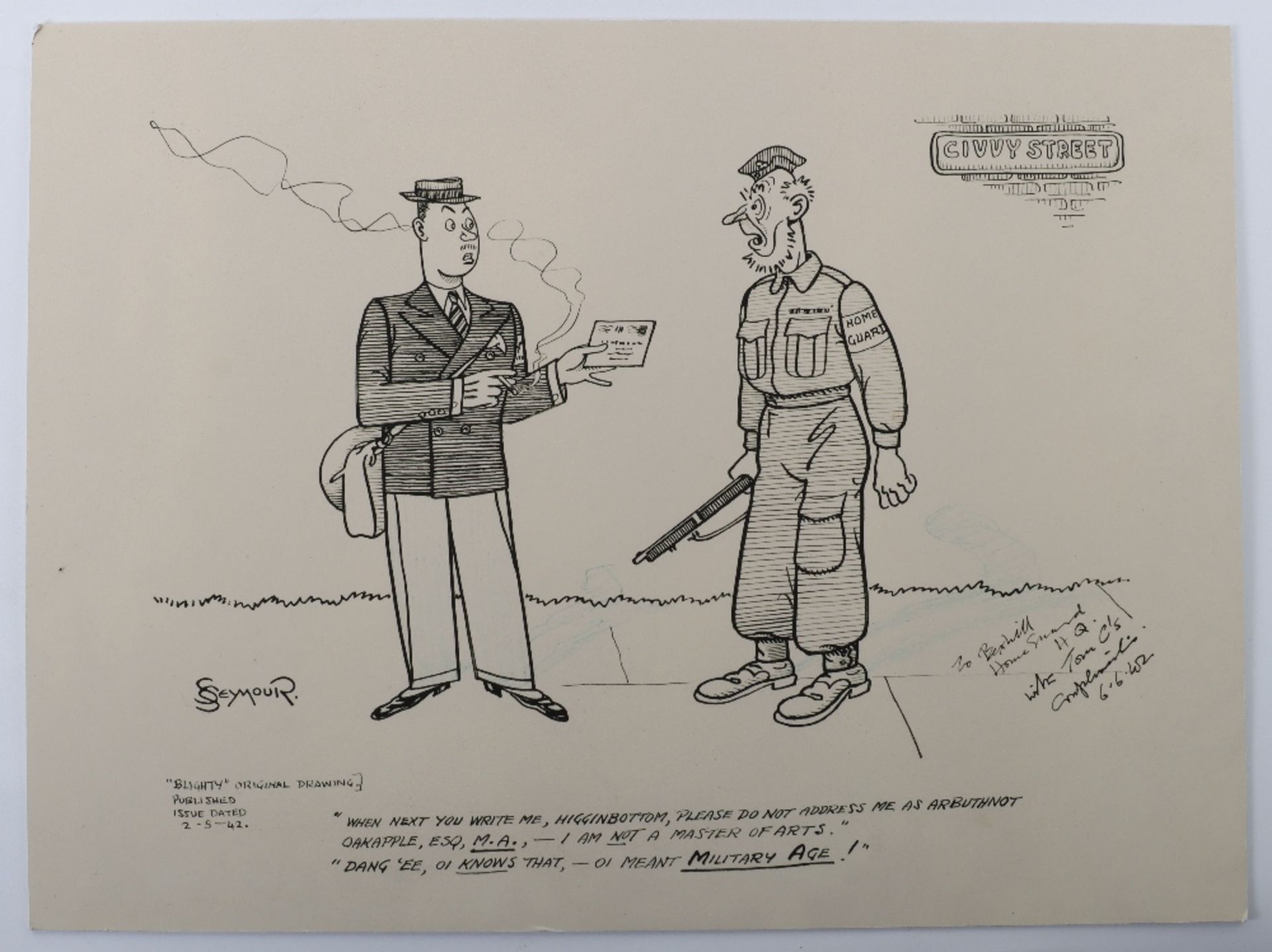 Seymour Three Humorous Home Guard Pen & Ink Drawings, - Image 4 of 4