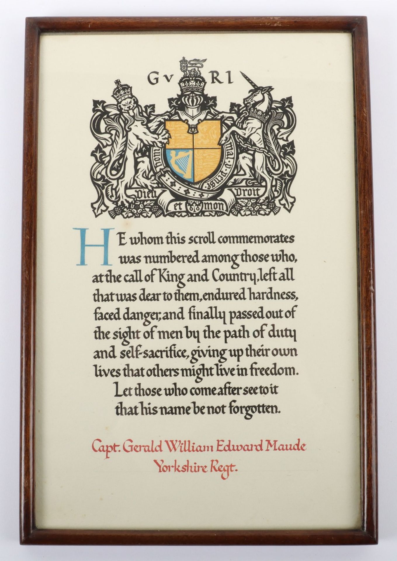 Memorial Scroll to Captain Gerald William Edward Maude Yorkshire Regiment Wounded in action at Dakk