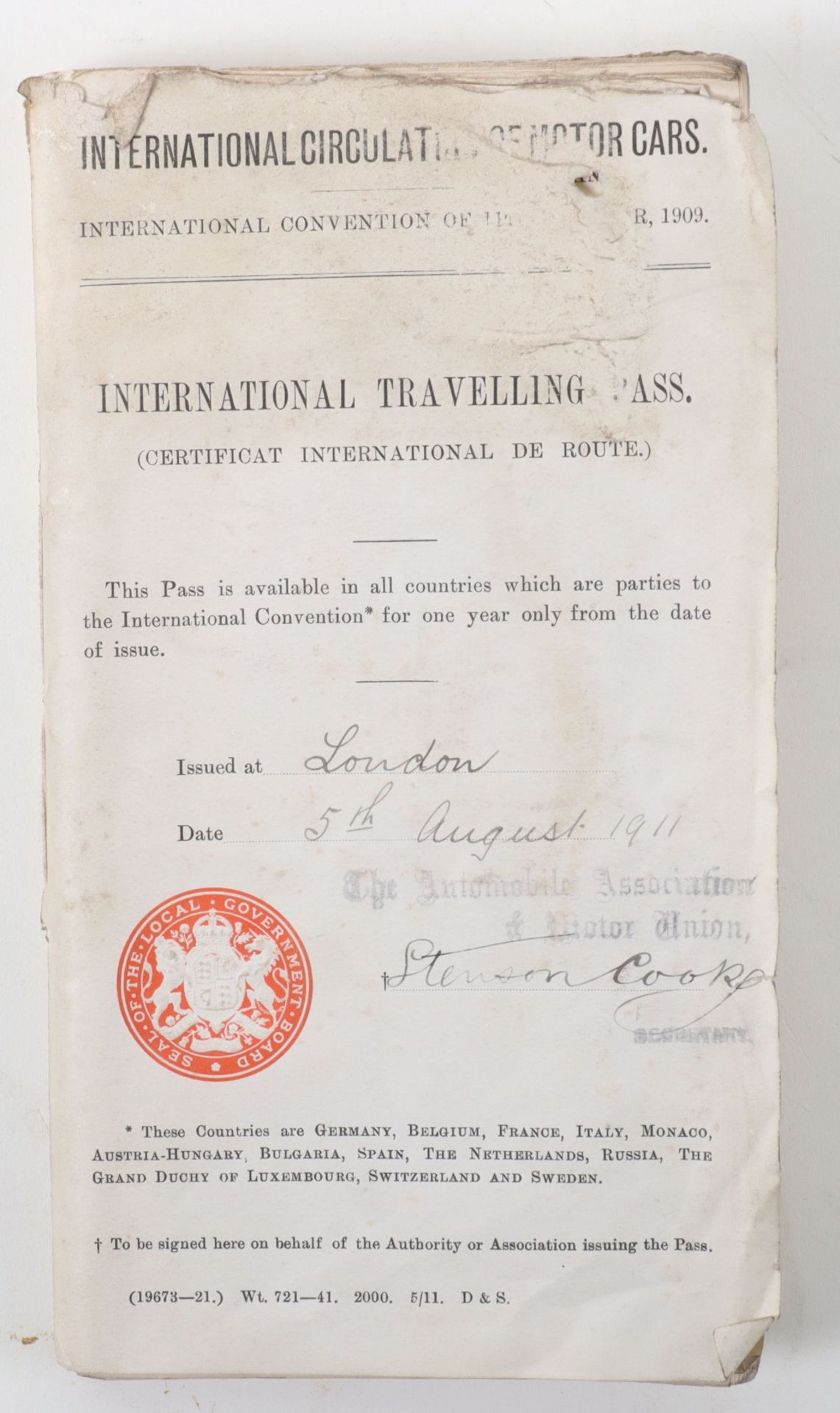 International Travelling Pass (Certificate international de Route) Issued August 1911 for Triumph Mo