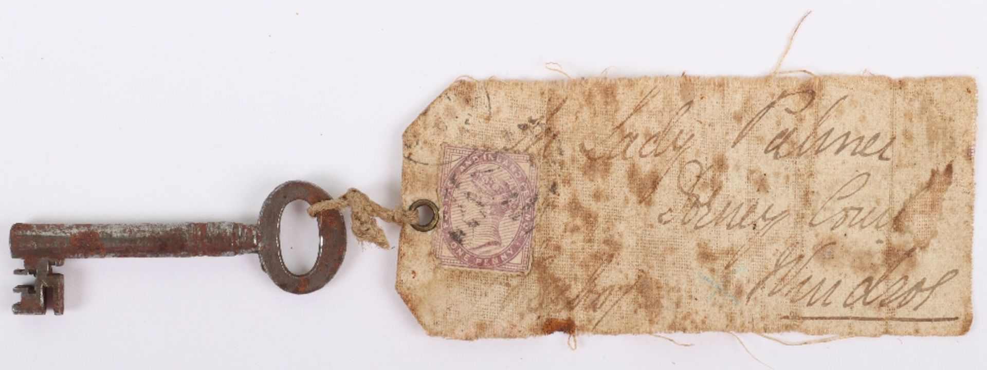 Unusual Victorian Key and Linen Address Label Belonging to Lady Palmer, Dorney Court, Windsor