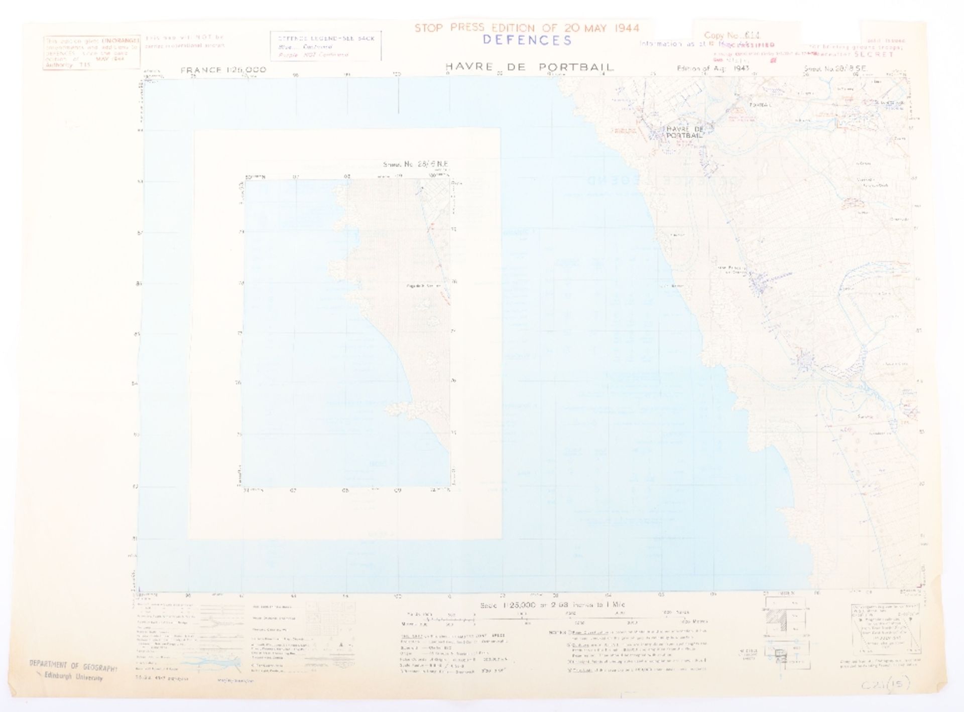 WW2 Havre De Portbail, Original Secret paper Map 20th May 1944