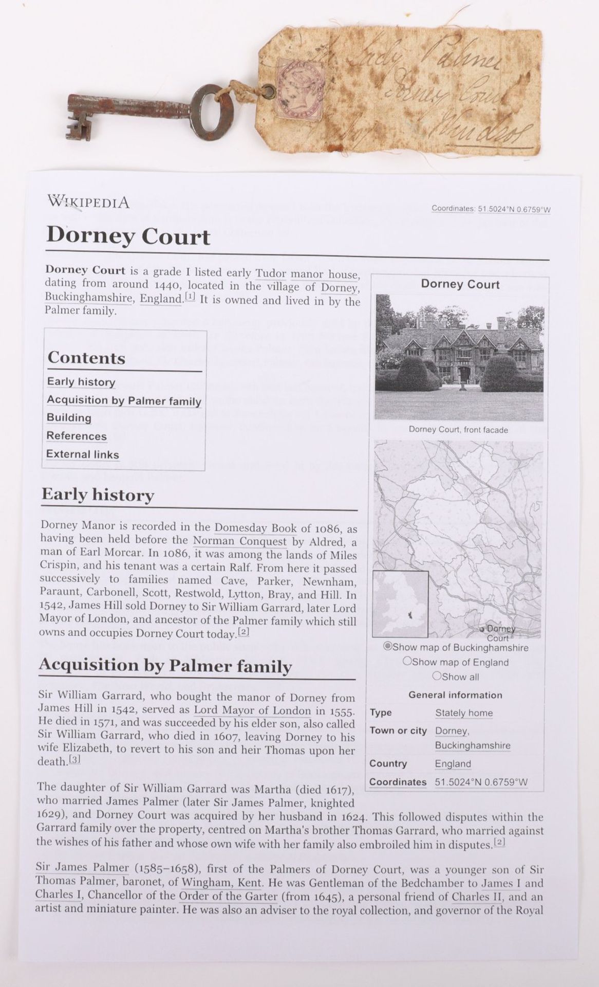 Unusual Victorian Key and Linen Address Label Belonging to Lady Palmer, Dorney Court, Windsor - Bild 5 aus 5