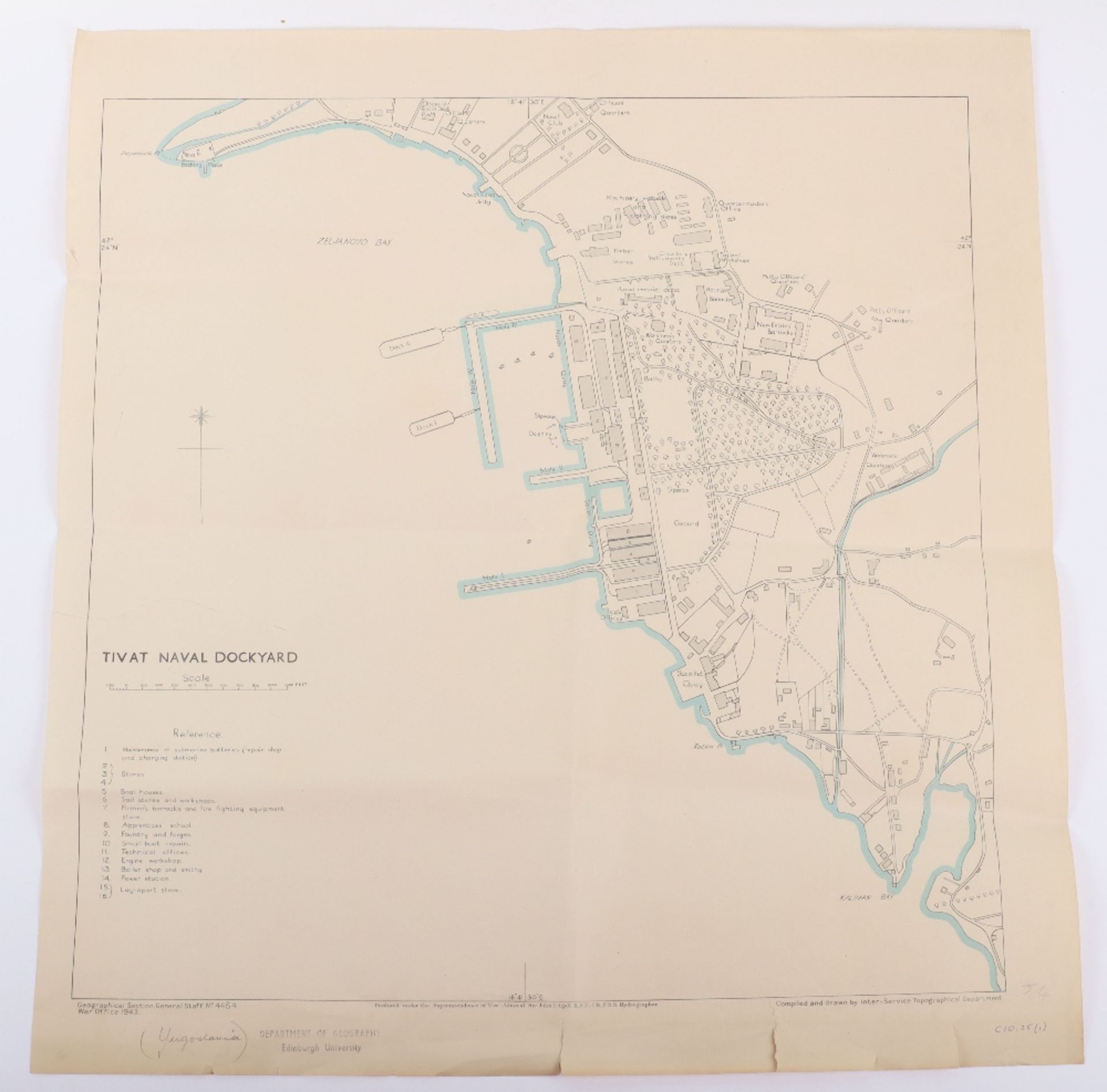 Map Tivat Naval Dockyard (in Zeljanoyo Bay)scale 1 inch to 250 feet. War Office 1943
