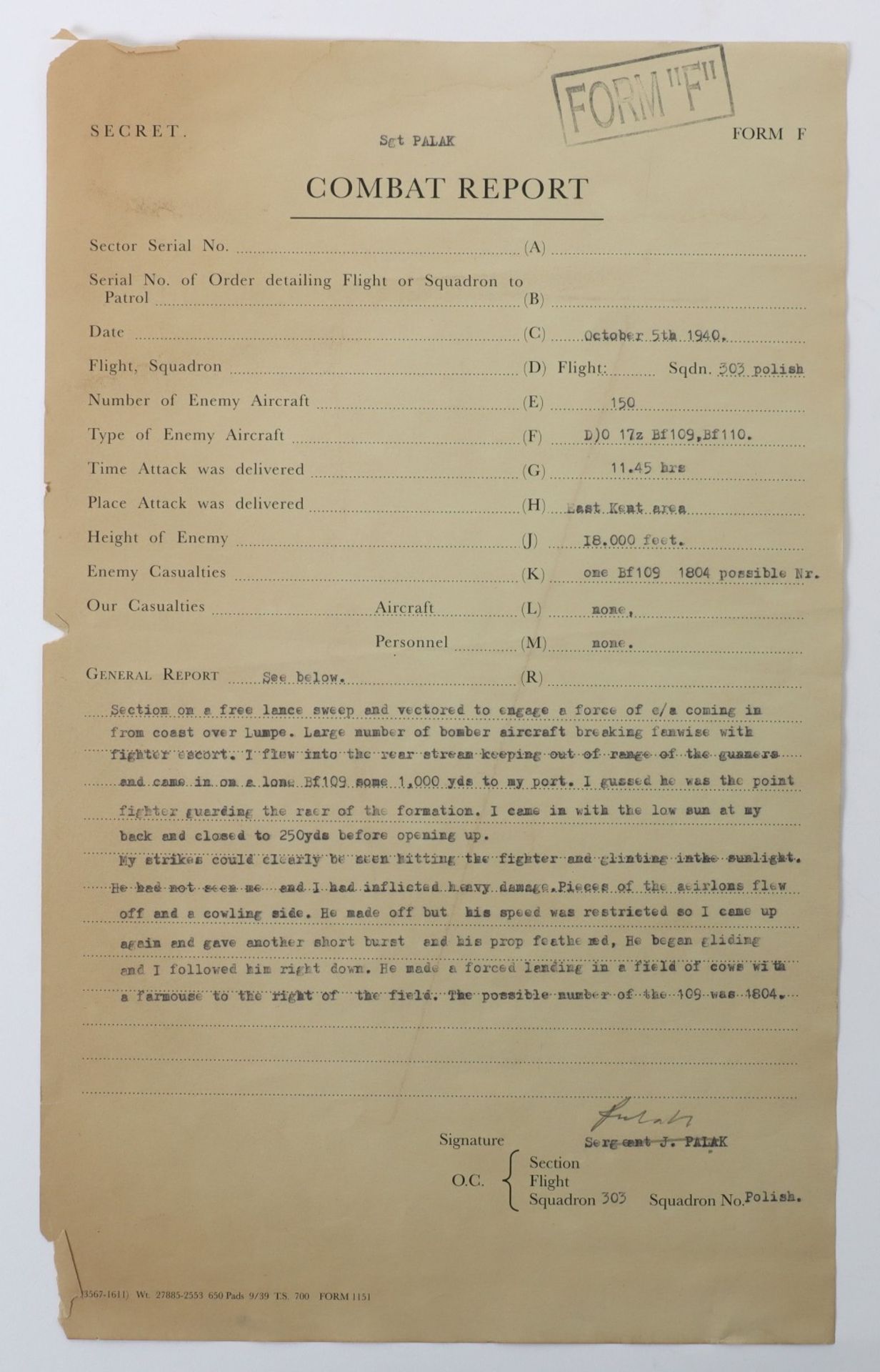 WW2 Polish RAF Combat Report October 5th 1940