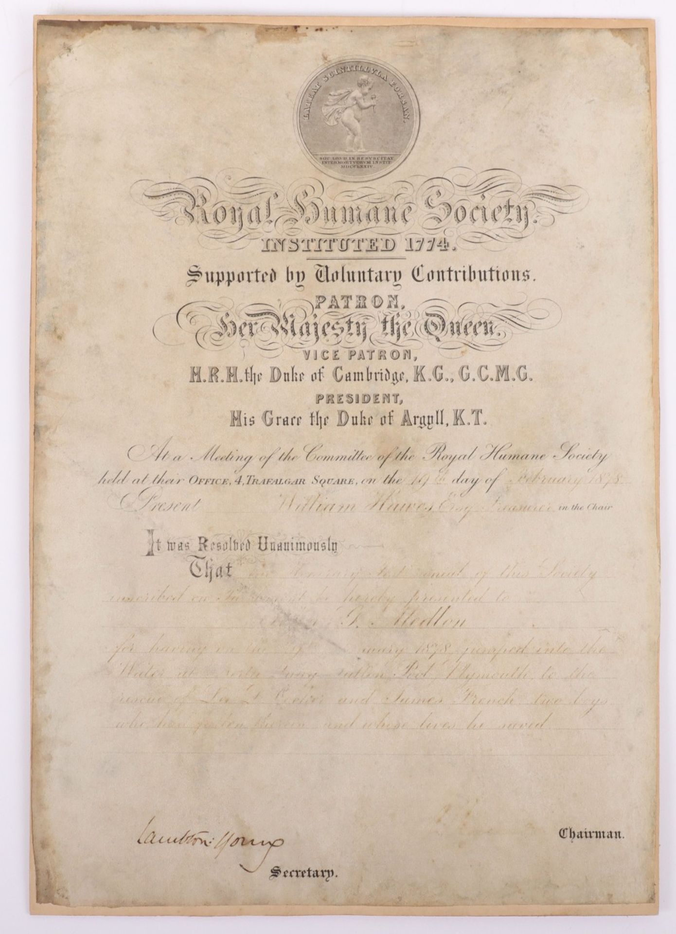 Original Royal Humane Society Mounted Presentation Parchment Certificate - Bild 2 aus 4
