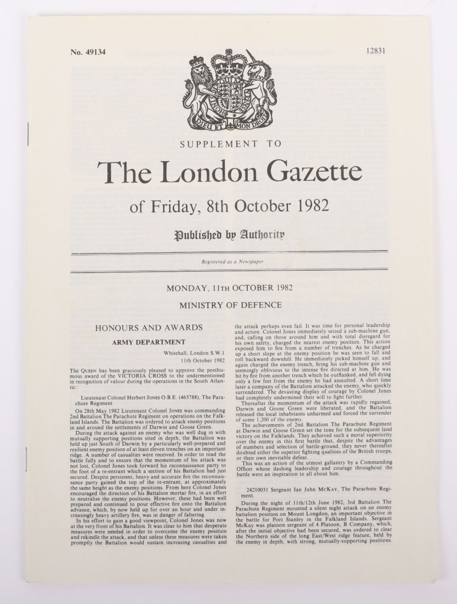 Original Supplement to London Gazette 8th October 1982 - Image 3 of 5
