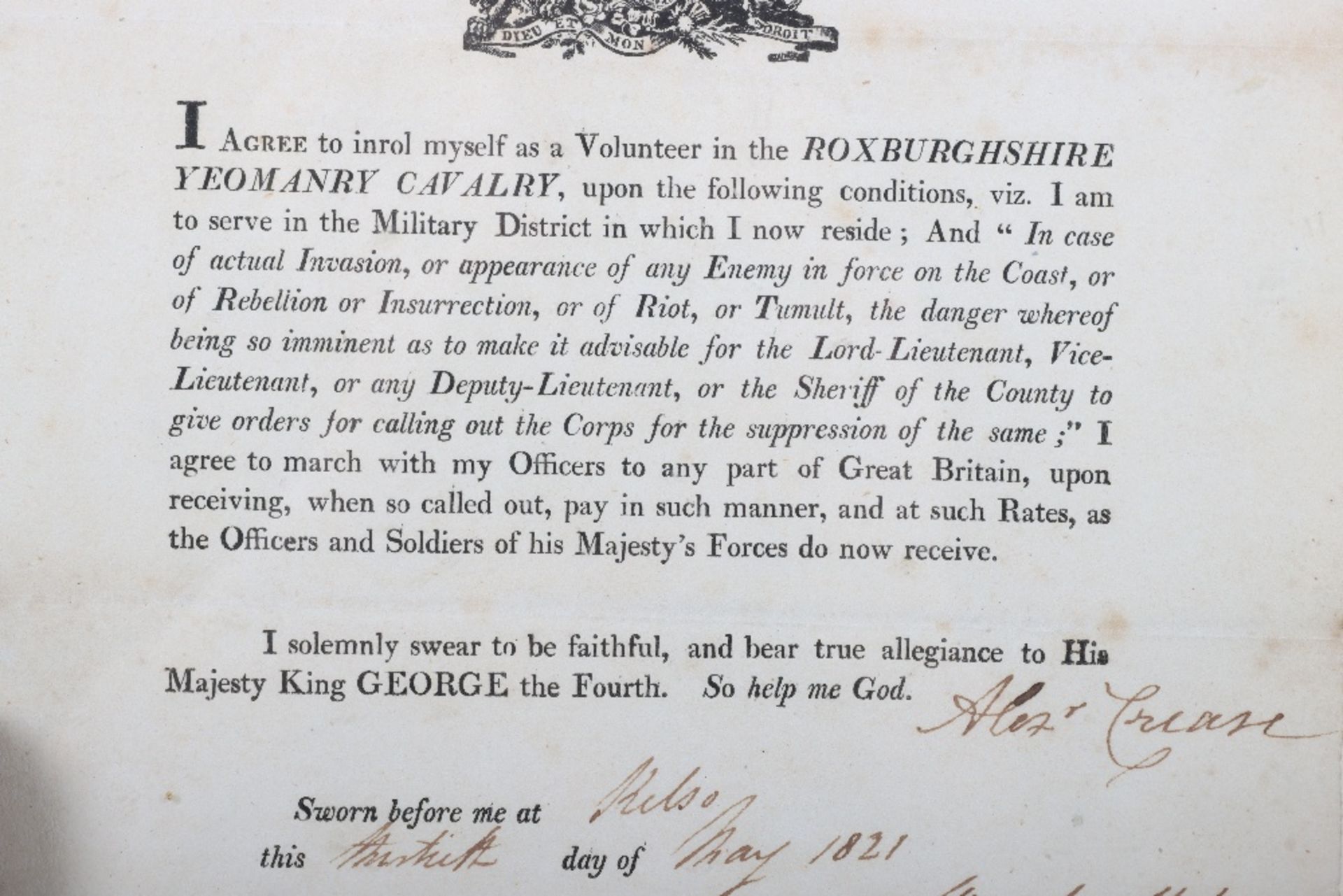 An original Enlistment Oath for the Roxburghshire Yeomanry Cavalry - Image 3 of 8