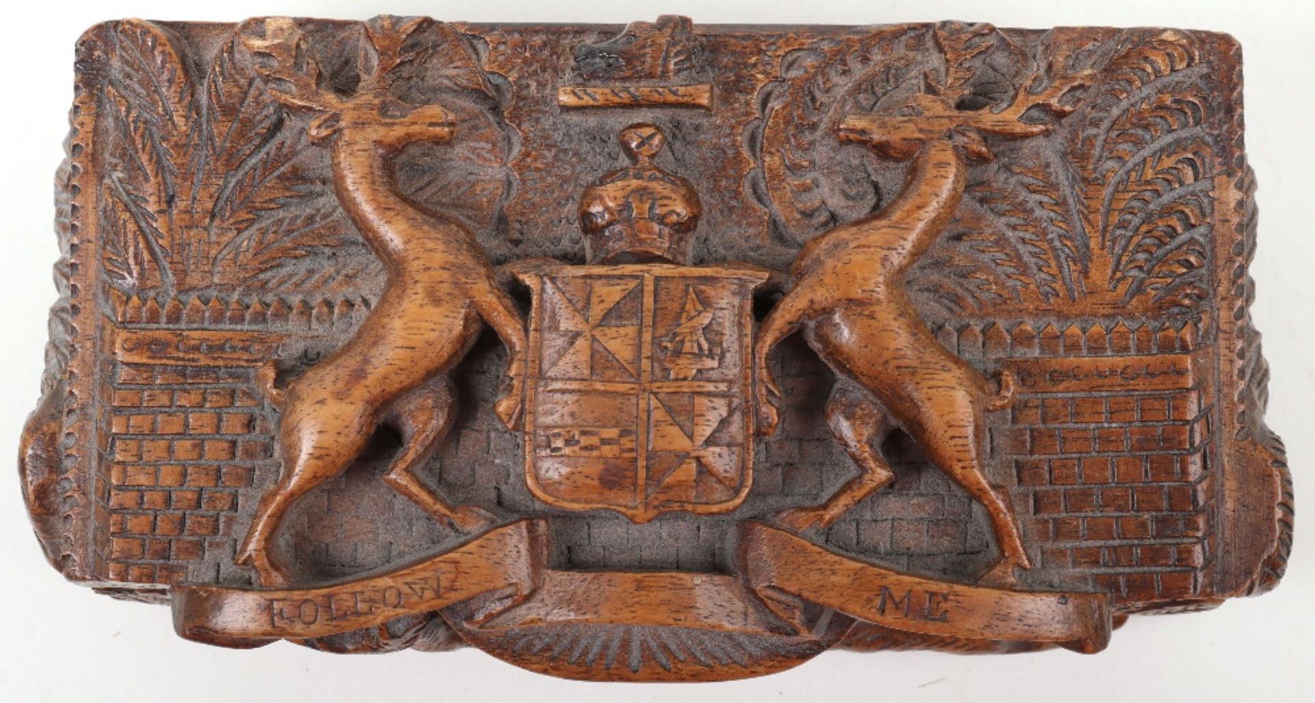 A 19th century Scottish carved wood box with Campbell clan crest and motto to lid - Image 2 of 8