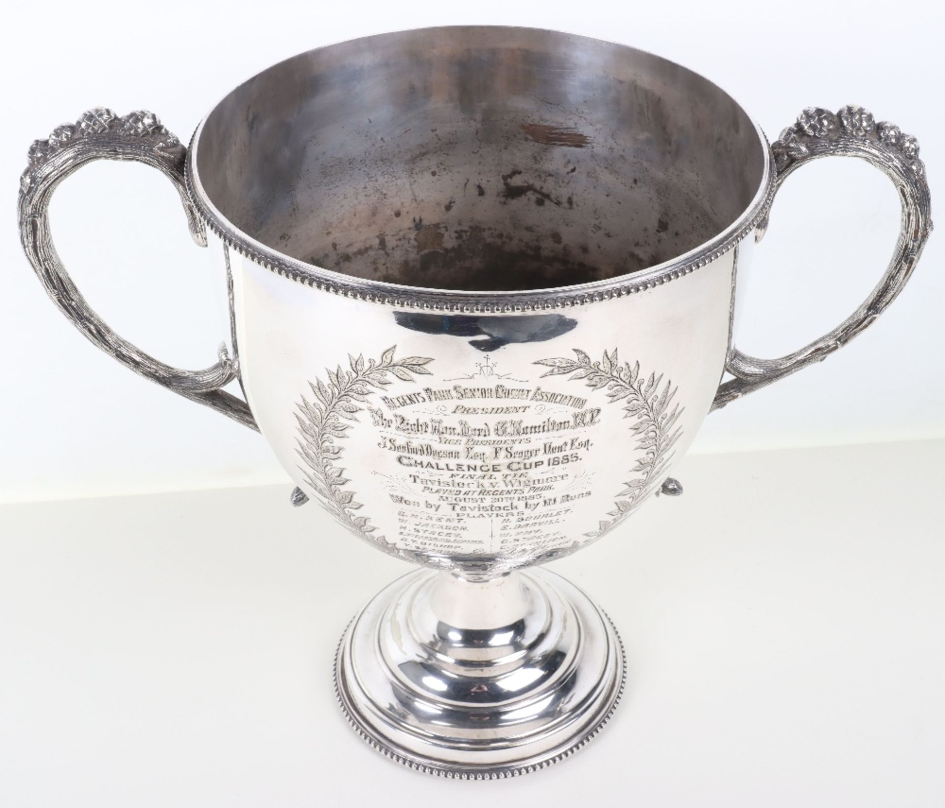 An interesting and substantial 19th century silver plated cricket trophy for the Challenge Cup 1885 - Image 6 of 11
