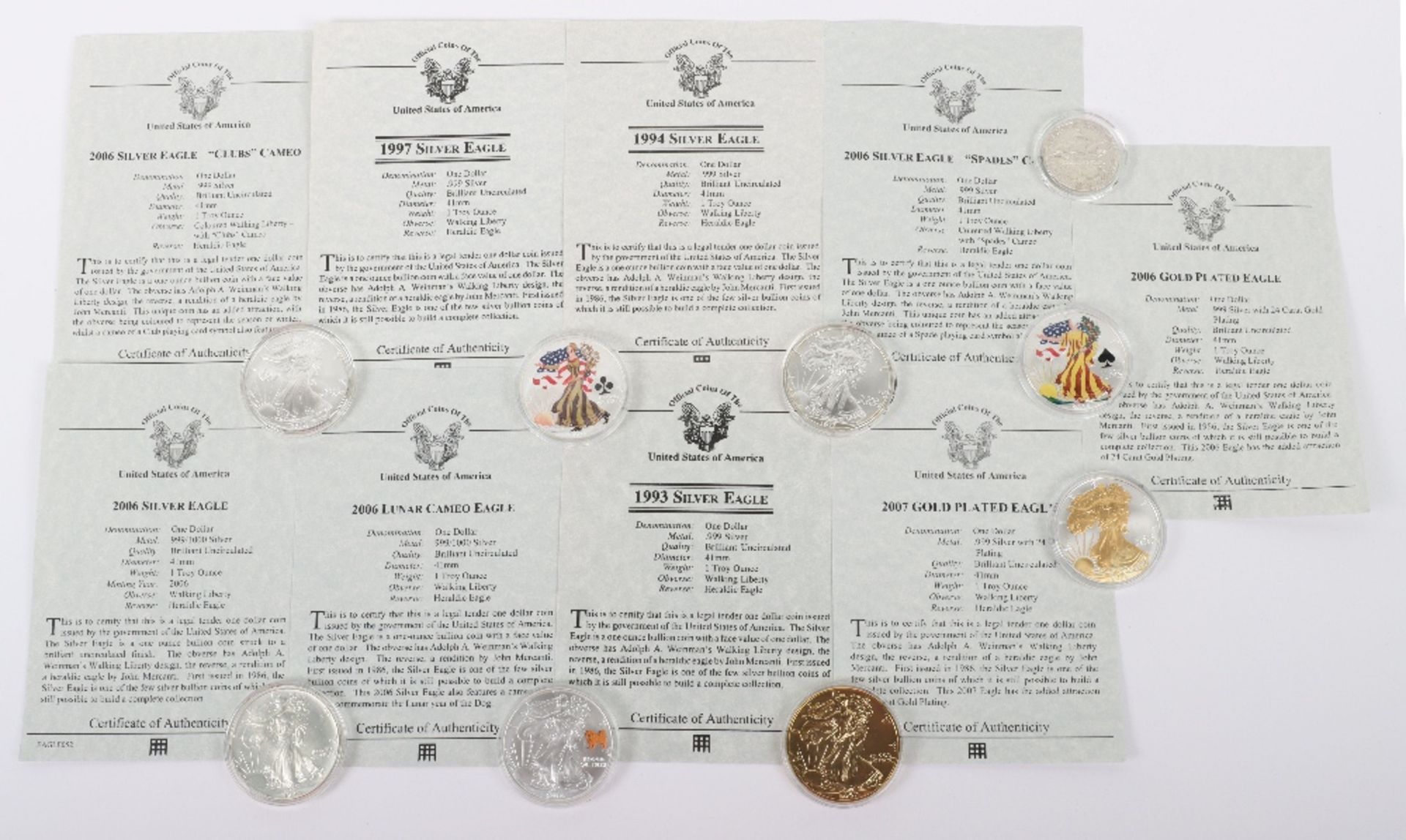 Nine USA silver Eagle coins