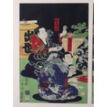 A late 19th century Japanese triptych woodblock print, in the style of Kunisada,