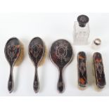 An early 20th century silver, tortoiseshell and pique work dressing table set, Charles Henry Dumenii