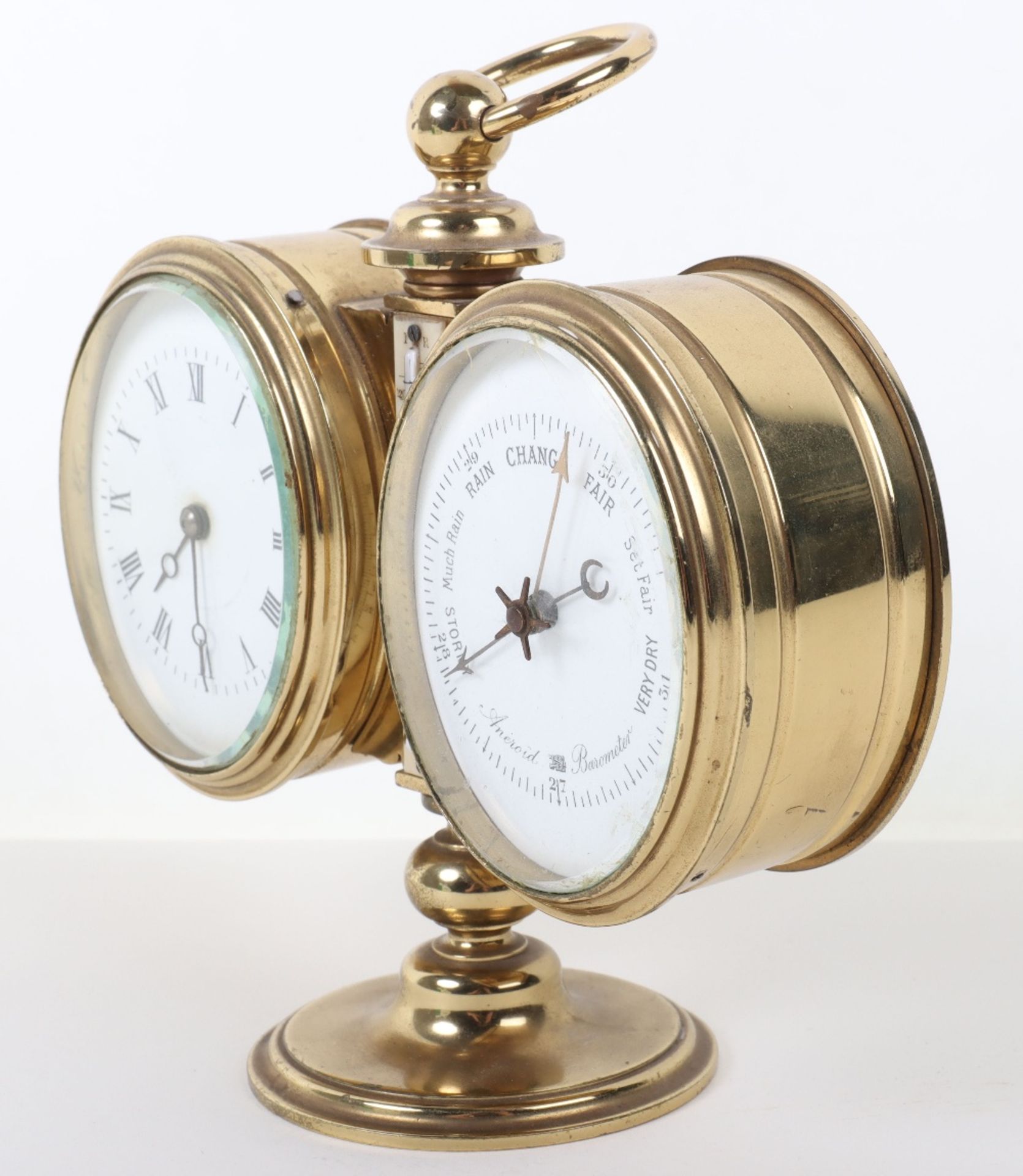 A late 19th century brass desk combination barometer and clock - Image 3 of 7