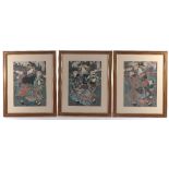 Three 19th century Japanese woodblock prints, in the style of Kunisada,