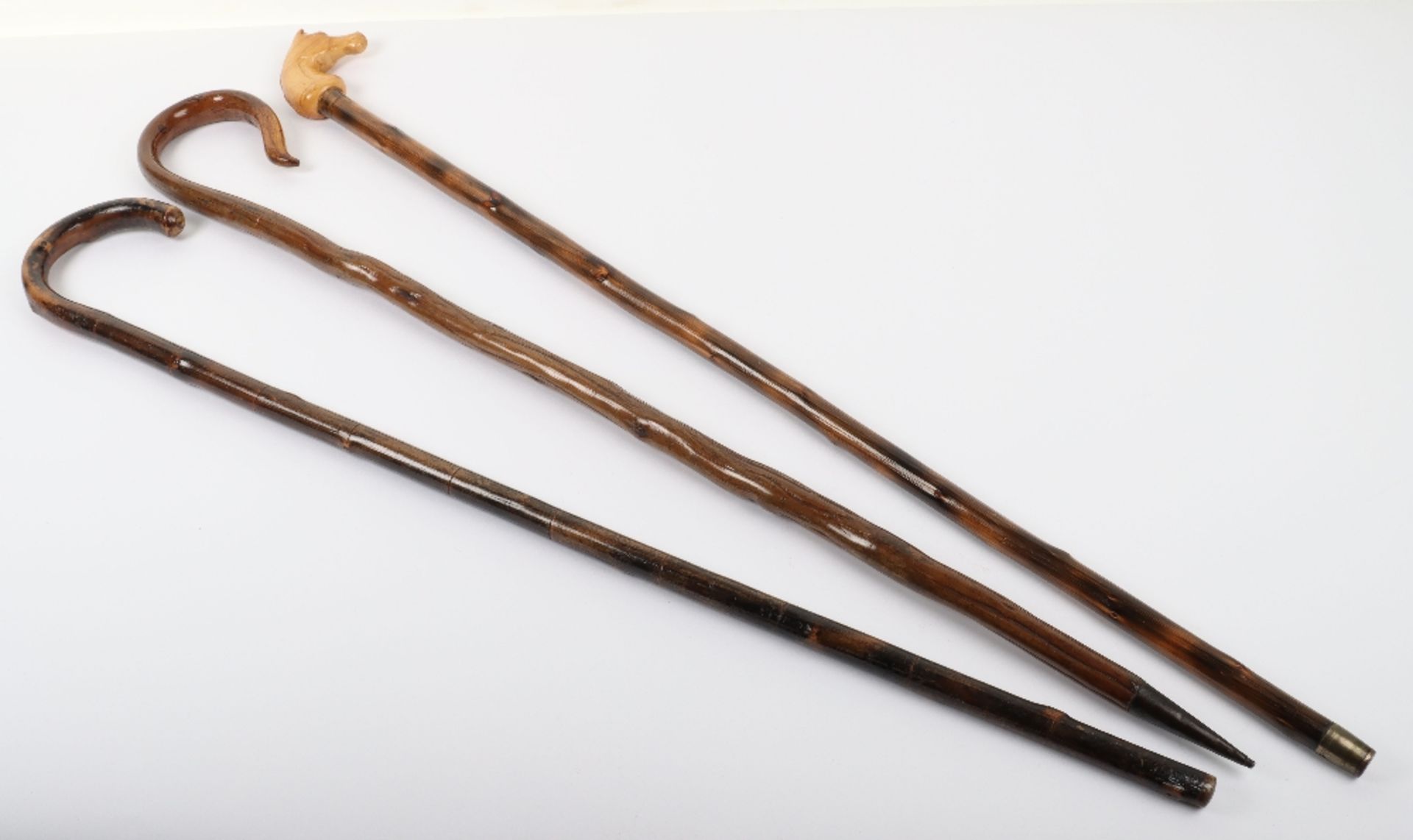 Three walking sticks, one with carved wood horse head