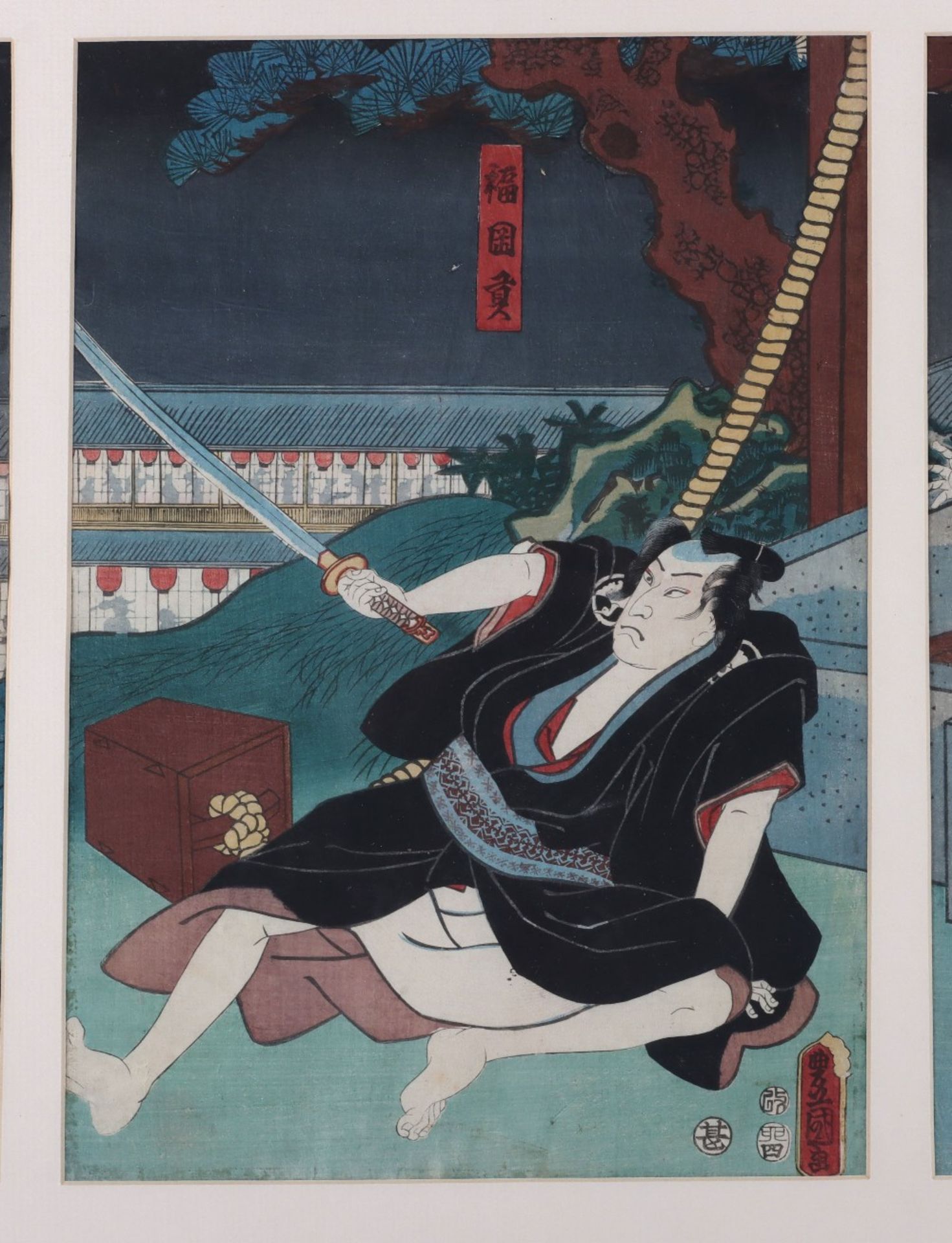 A late 19th century Japanese triptych woodblock print, in the style of Kunisada, - Image 3 of 8