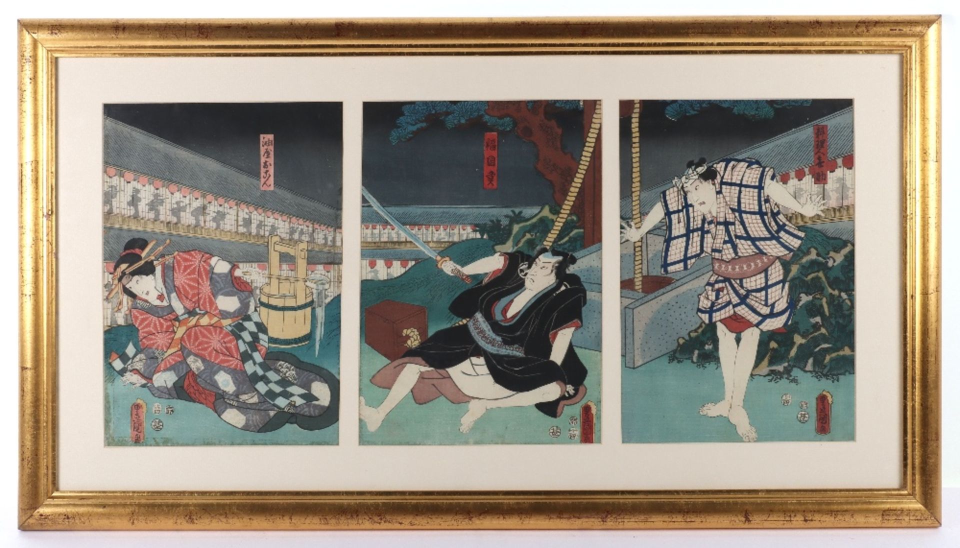 A late 19th century Japanese triptych woodblock print, in the style of Kunisada,