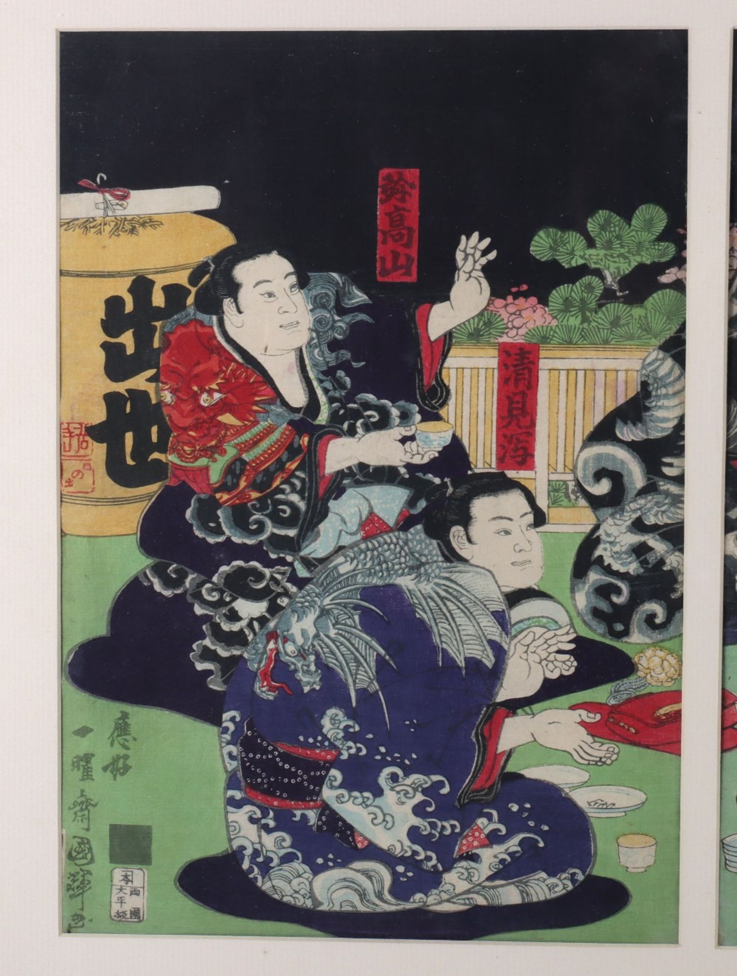A late 19th century Japanese triptych woodblock print, in the style of Kunisada,