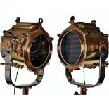 A superb and large pair of mid 20th century brass and metal naval signalling lamps on stands