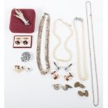 A selection of costume jewellery including a pearl necklace with 9ct clasp