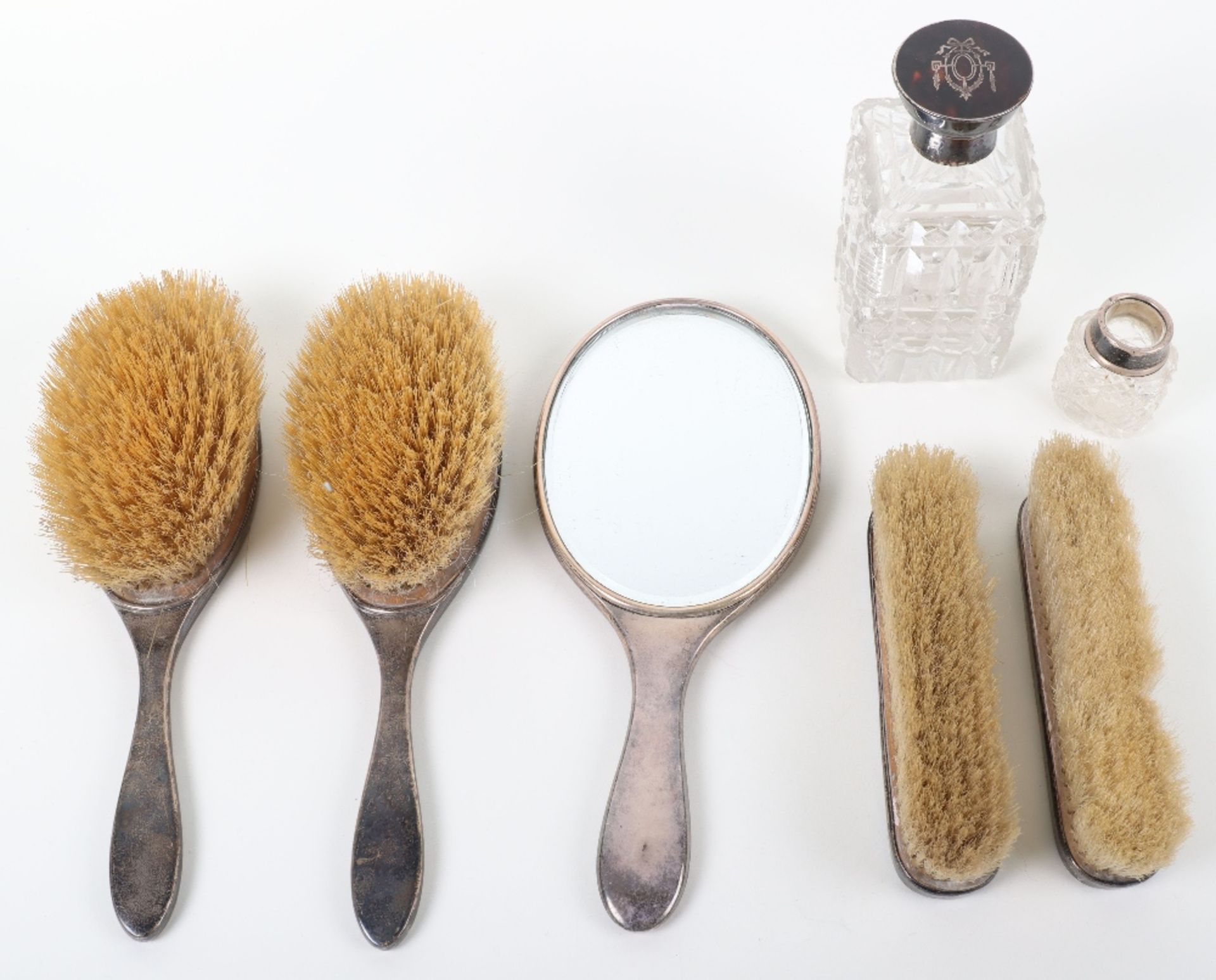 An early 20th century silver, tortoiseshell and pique work dressing table set, Charles Henry Dumenii - Image 2 of 3