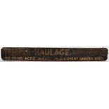 A vintage painted wood sign ‘Temple Haulage (Covent Garden Ltd) 35 Long Acre W.C.2, Phone, Covent Ga