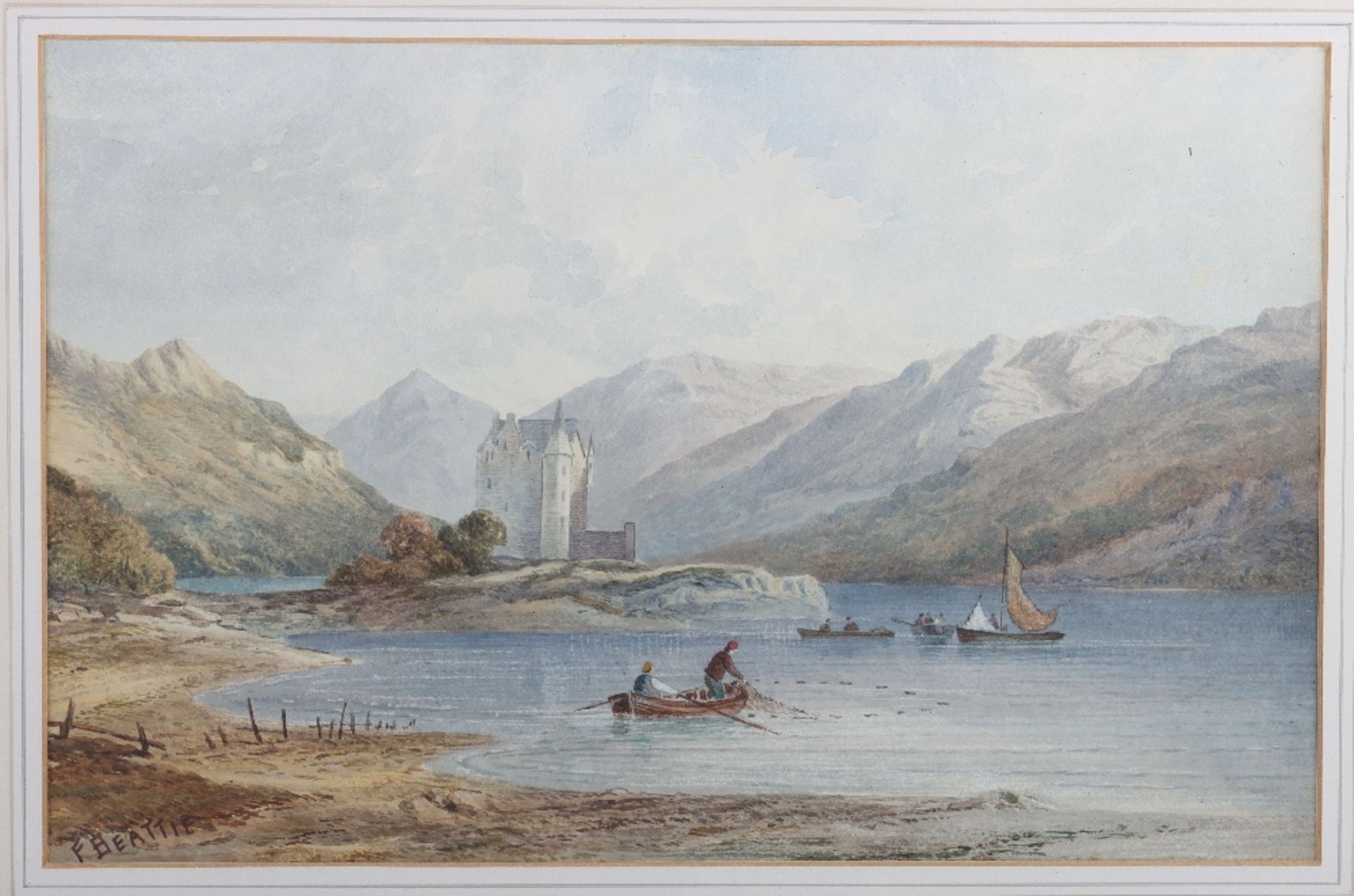 Two F Beattie watercolours, fishermen in a lock with castle in background, the other fisherman in ri - Image 2 of 7