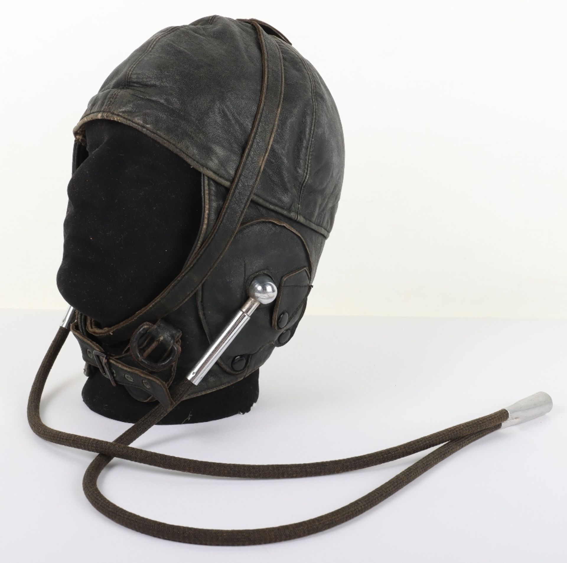 Early Lewis Style Black Leather Flight Helmet with Gosport Tubes