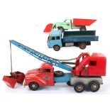 Gama tinplate Crane truck and Plough tipping lorry, W.Germany circa 1960
