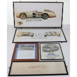 Five glazed pictures relating to Sterling Moss’s Le Mans Mercedes 300SLR Sports car