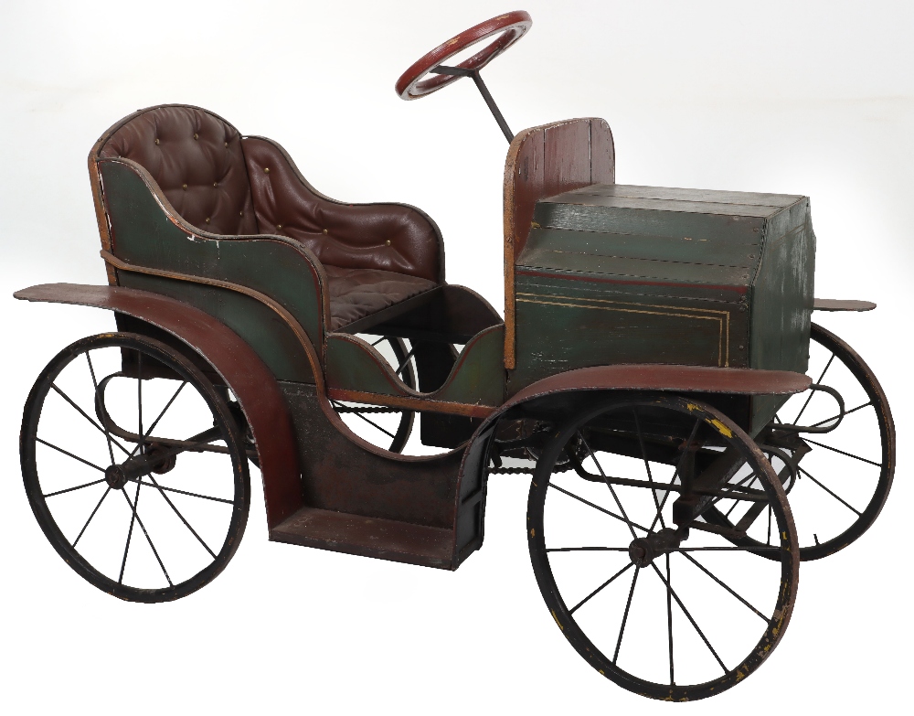 A fine Edwardian wooden vintage child’s chain driven pedal car, probably English circa 1910