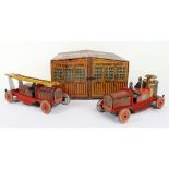 Tippco tinplate Fire Station and Engines, German 1930s