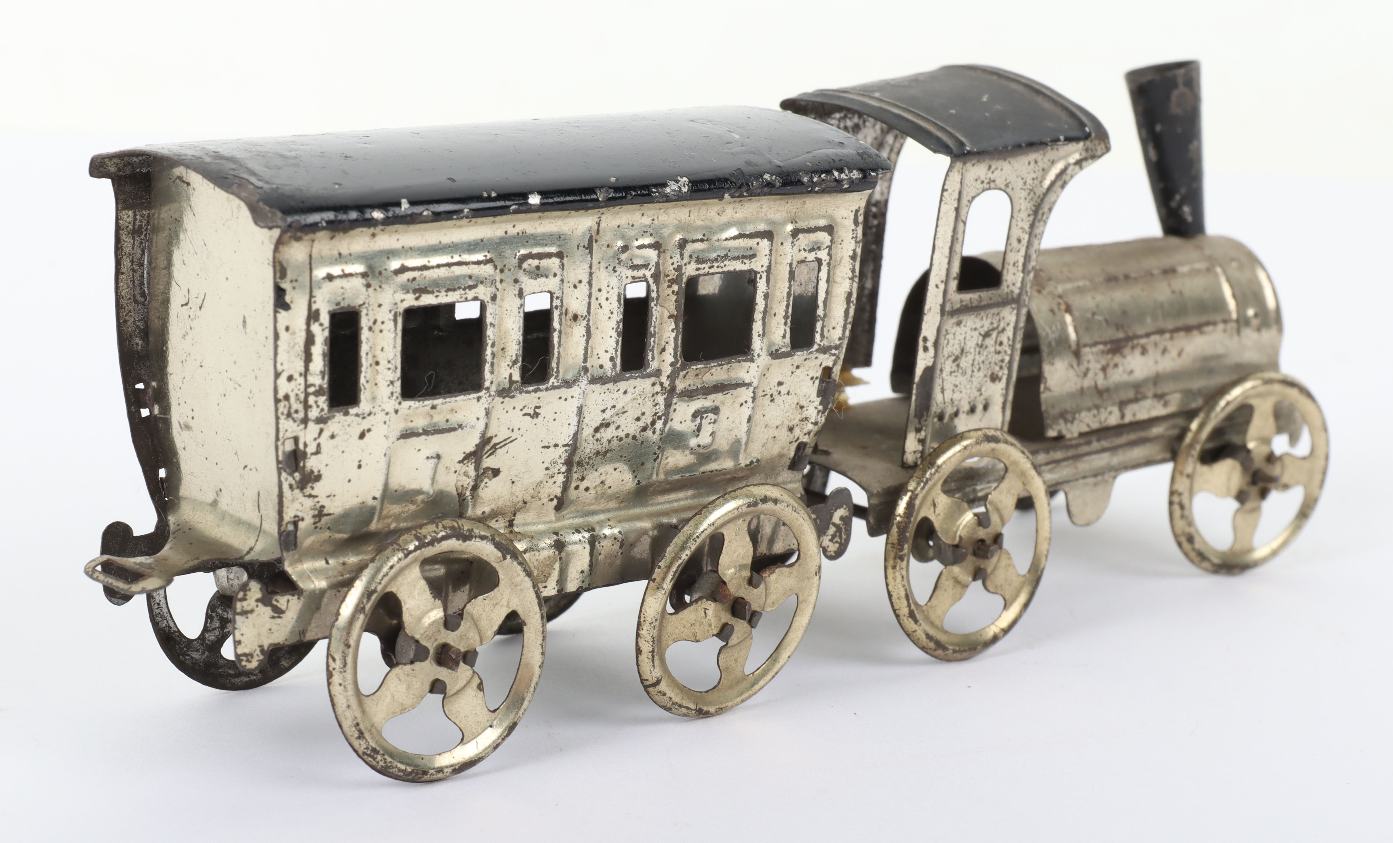 Early Meier pressed tinplate locomotive and carriage penny toy, German circa 1900 - Image 4 of 6