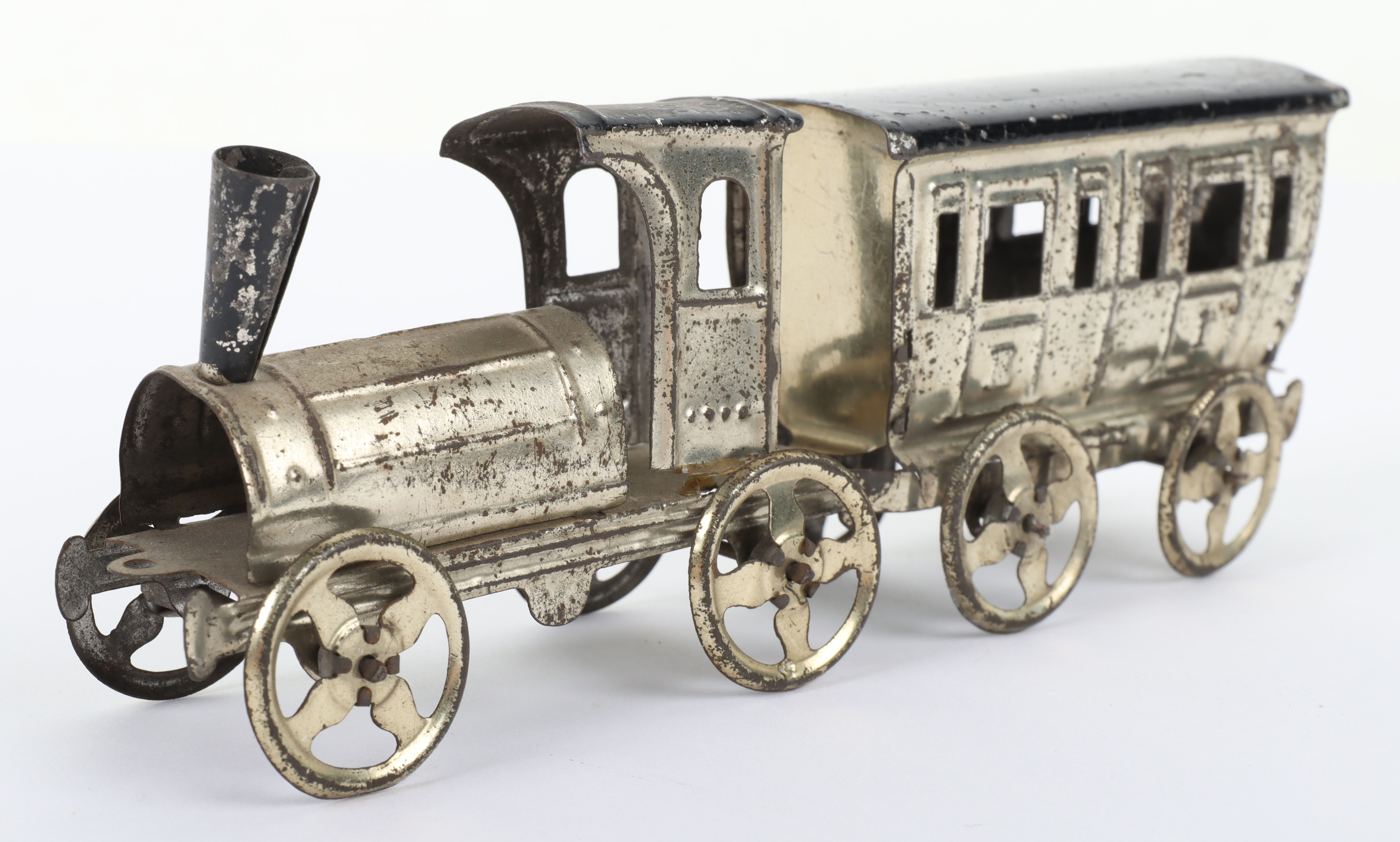 Early Meier pressed tinplate locomotive and carriage penny toy, German circa 1900 - Image 2 of 6