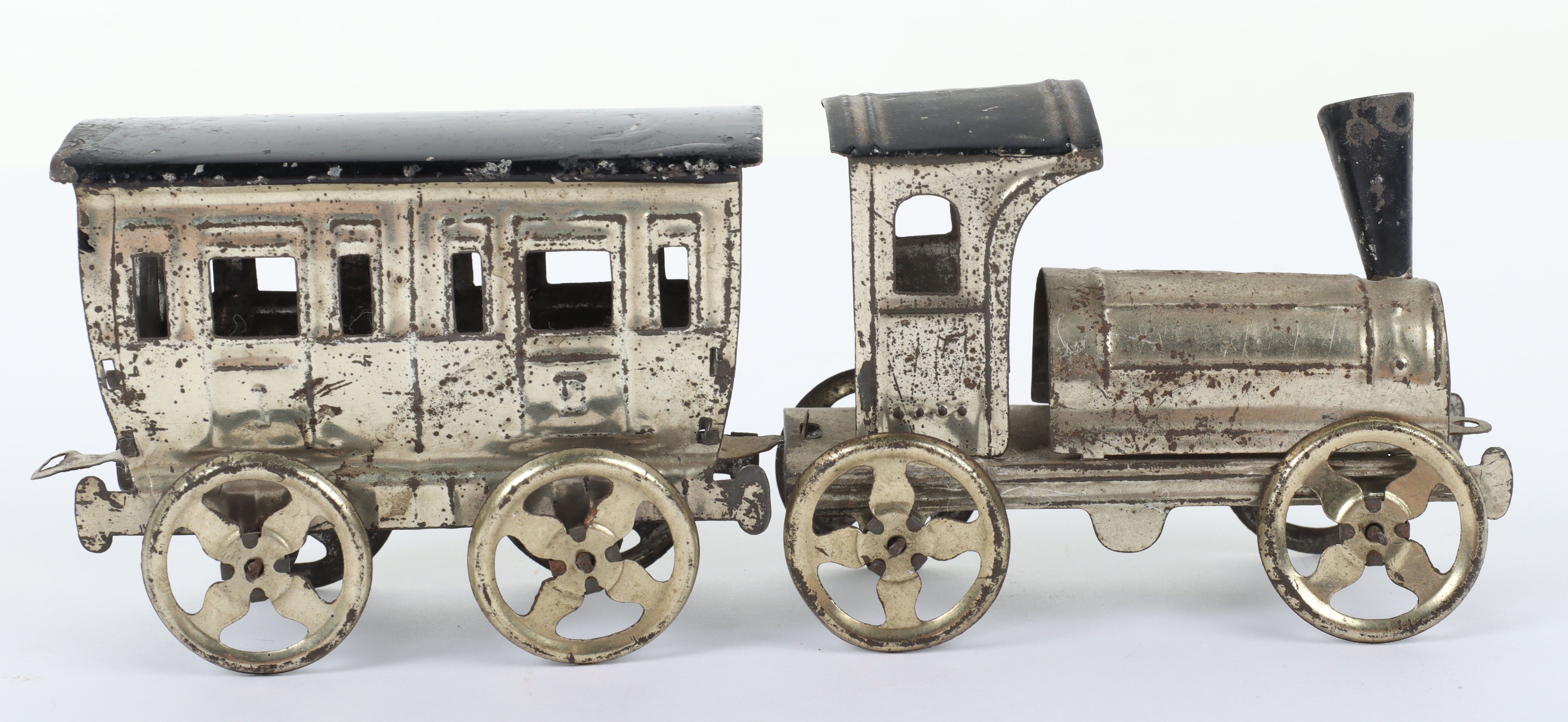Early Meier pressed tinplate locomotive and carriage penny toy, German circa 1900 - Image 3 of 6