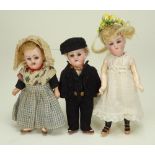 Three miniature bisque head dolls, German circa 1910,