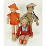 Three theatre Pantomime cloth character dolls, 1930s,