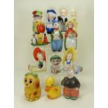 Collection of glazed china character people and animal novelty figures,