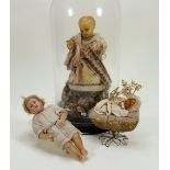 Wax Creche figure under dome, southern European early 20th century,